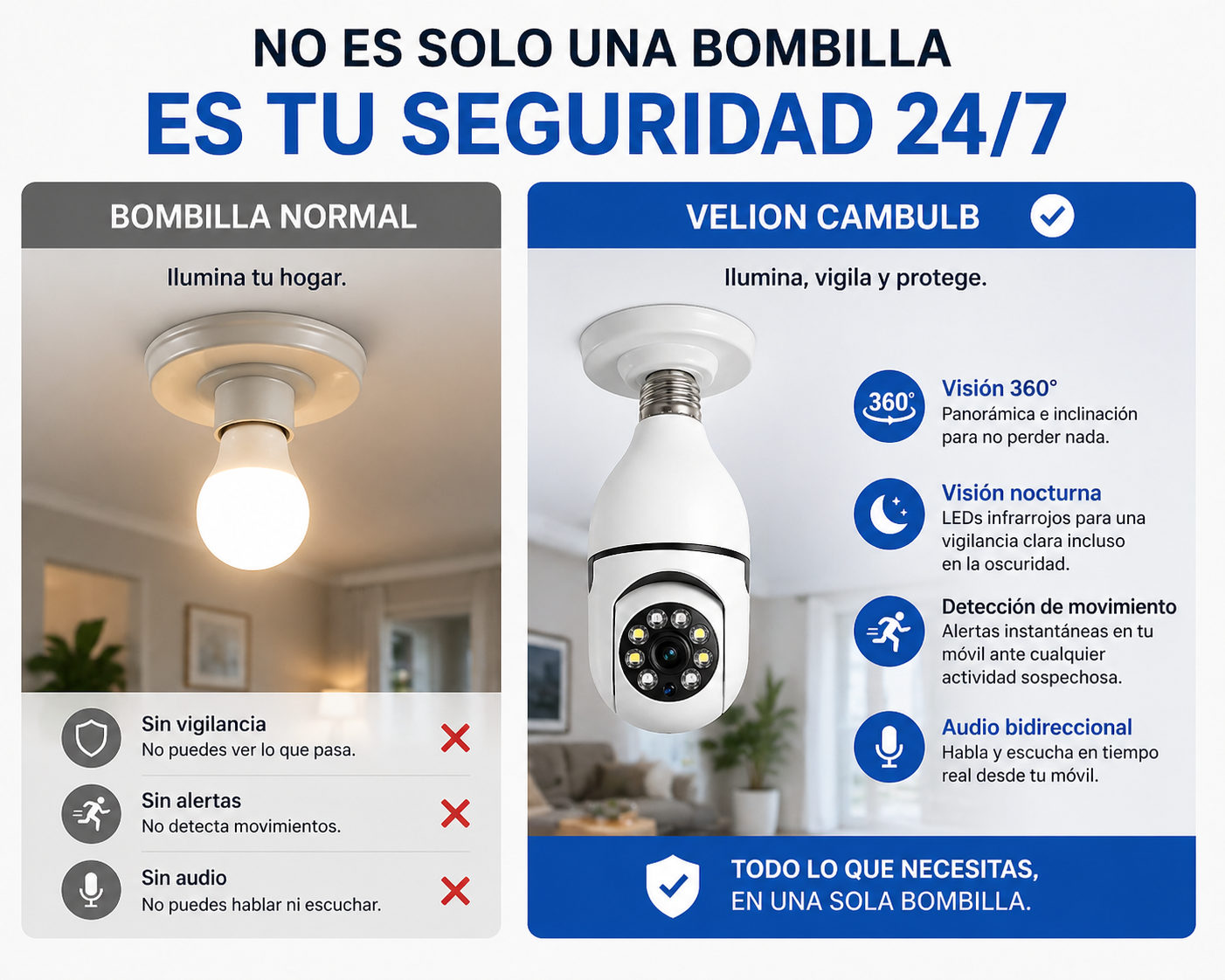 Cámara Bombilla WiFi | Seguridad Discreta 360°